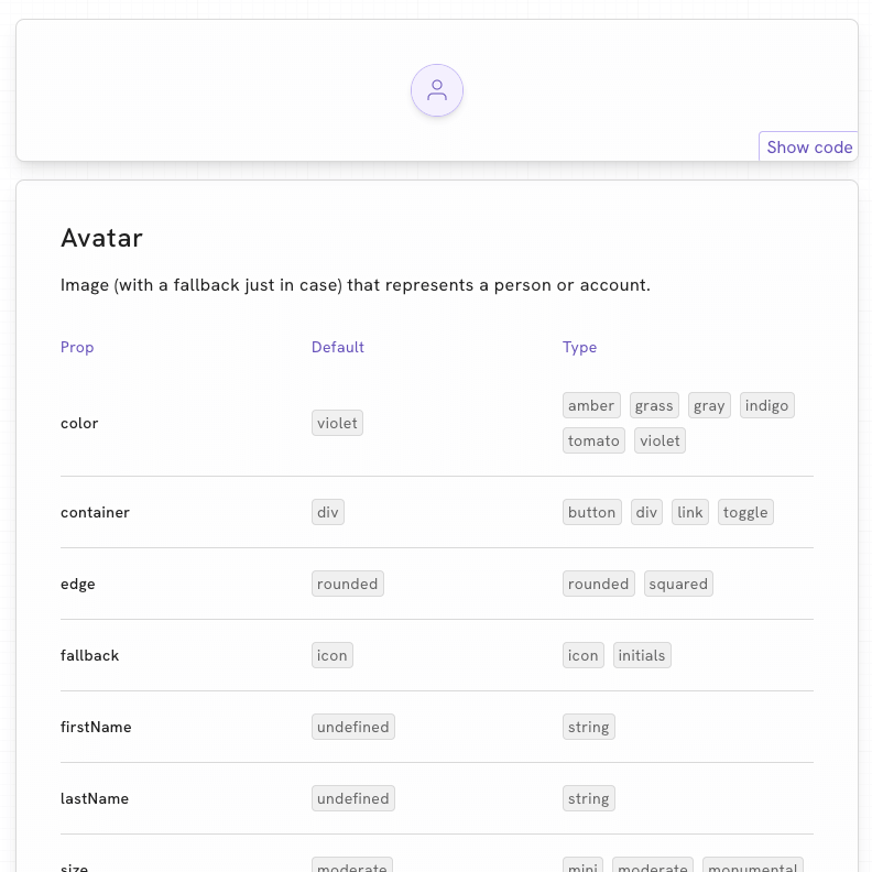 Design system showing Avatar component documentation.