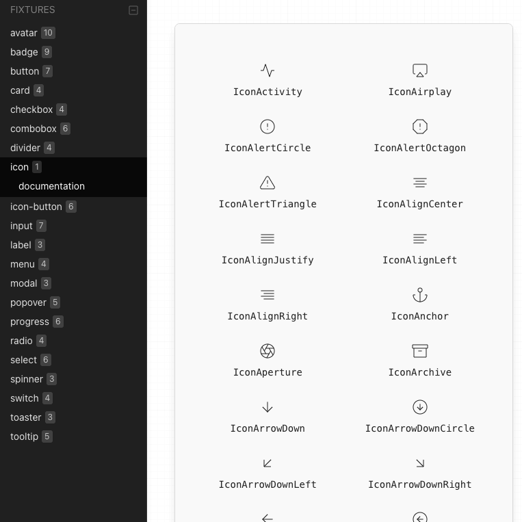 Design system showing list of icon components.