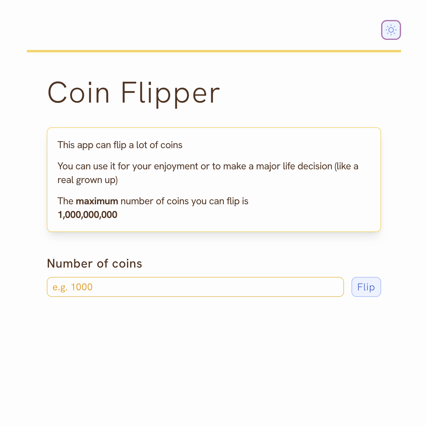 Coin flipper app with 4,859,285 coins flipped and a result of tails: 2,430,261 and heads: 2,429,024