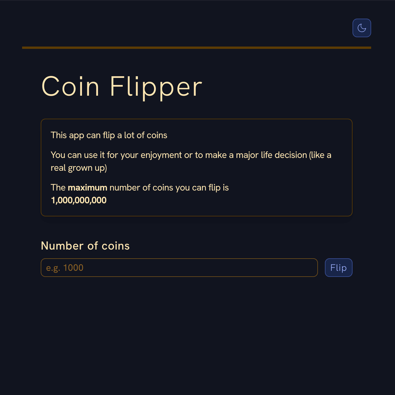 Dark mode coin flipper app with 4,859,285 coins flipped and a result of tails: 2,430,261 and heads: 2,429,024